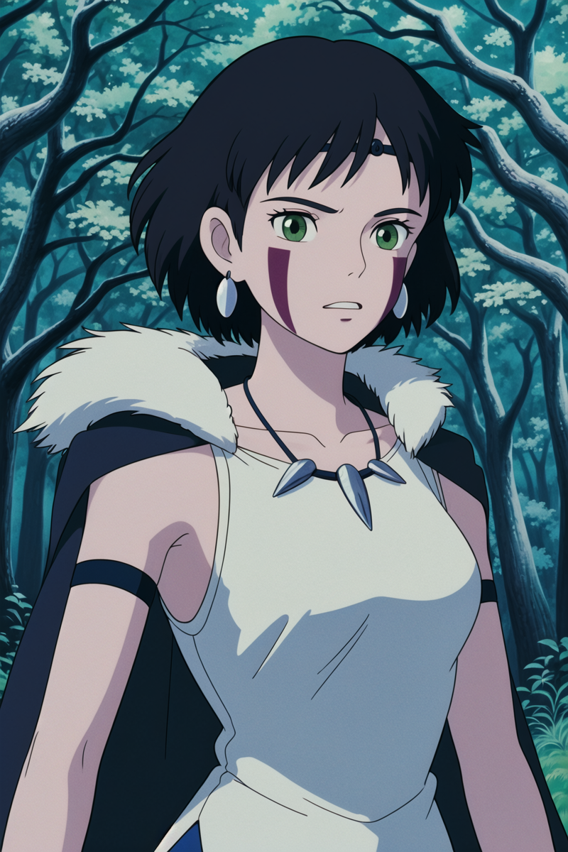 31076226-3187489593-ghibli style, san _(mononoke hime_),_1girl, armlet, bangs, black hair, black undershirt, breasts, cape, circlet, earrings, facep.png